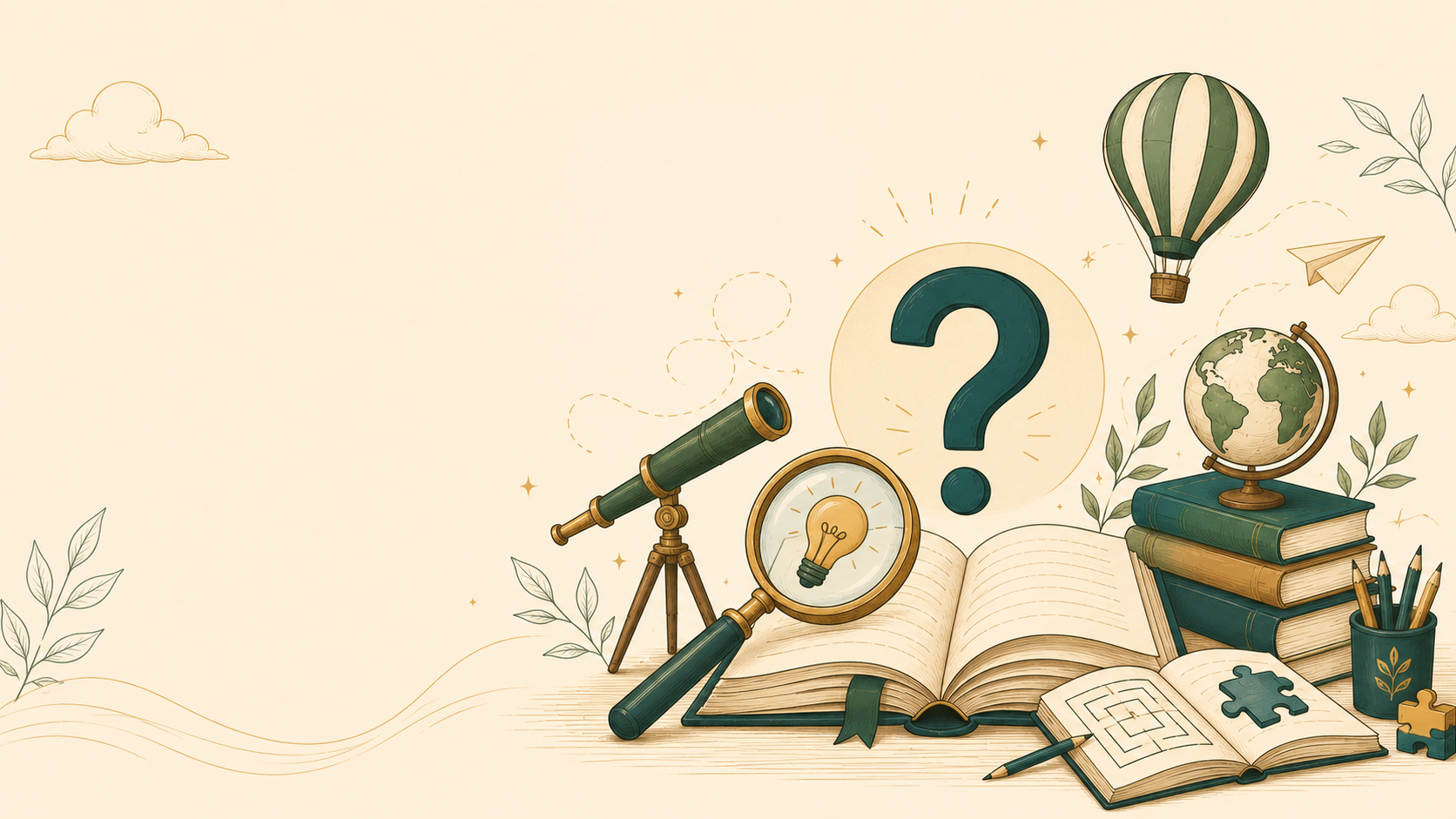 A telescope, a magnifying glass over a lightbulb, an open book and a hot air balloon circle a large question mark.