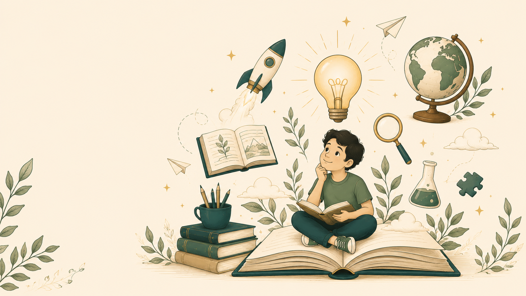 A child sits cross-legged on a giant open book, surrounded by a lightbulb, a rocket, a magnifying glass and a globe — imagining beyond the page.